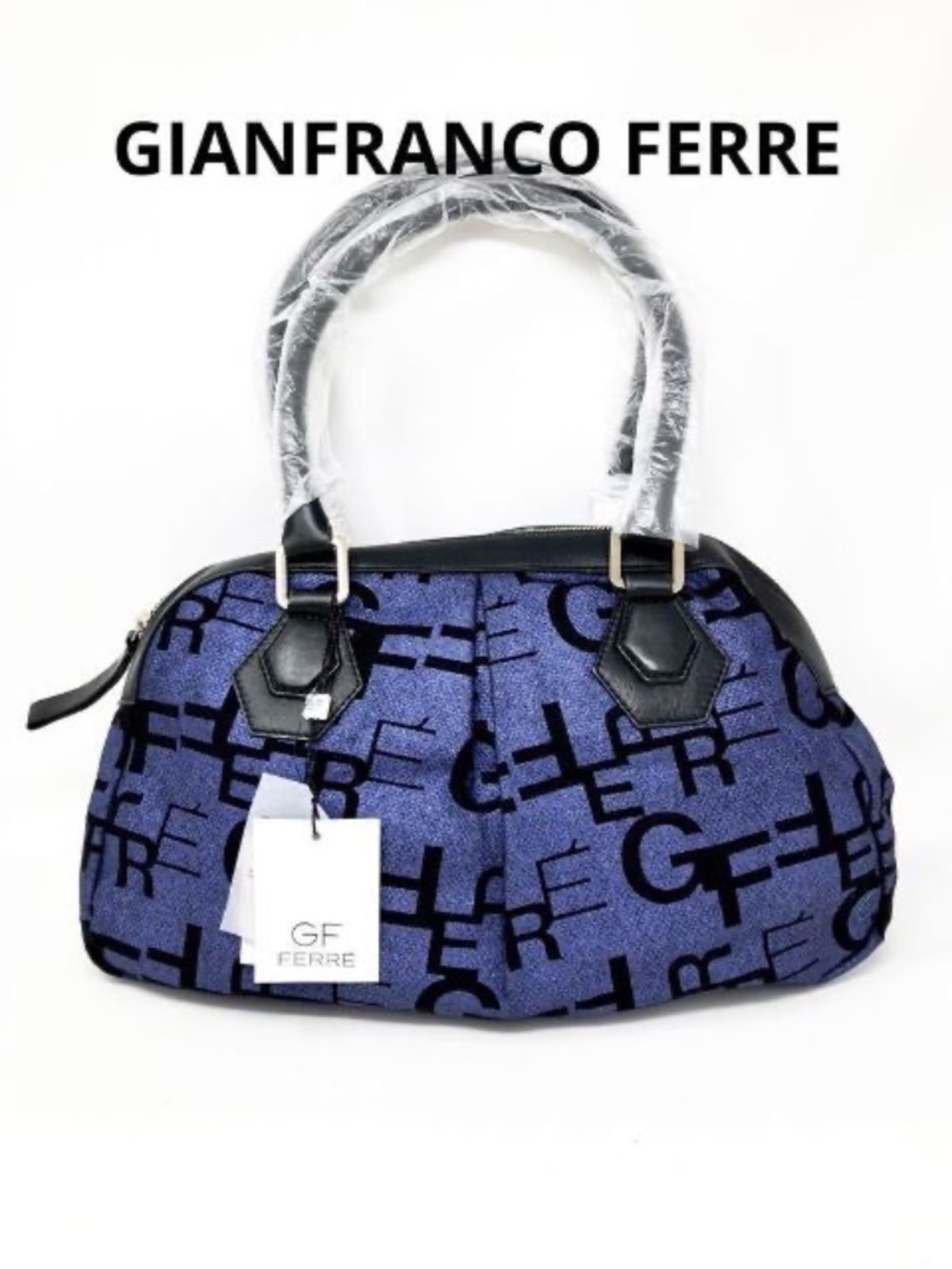 NWT GIANFRANCO FERRE #366 Blue/Black fabric & leather shoulder satchel w/dustbag